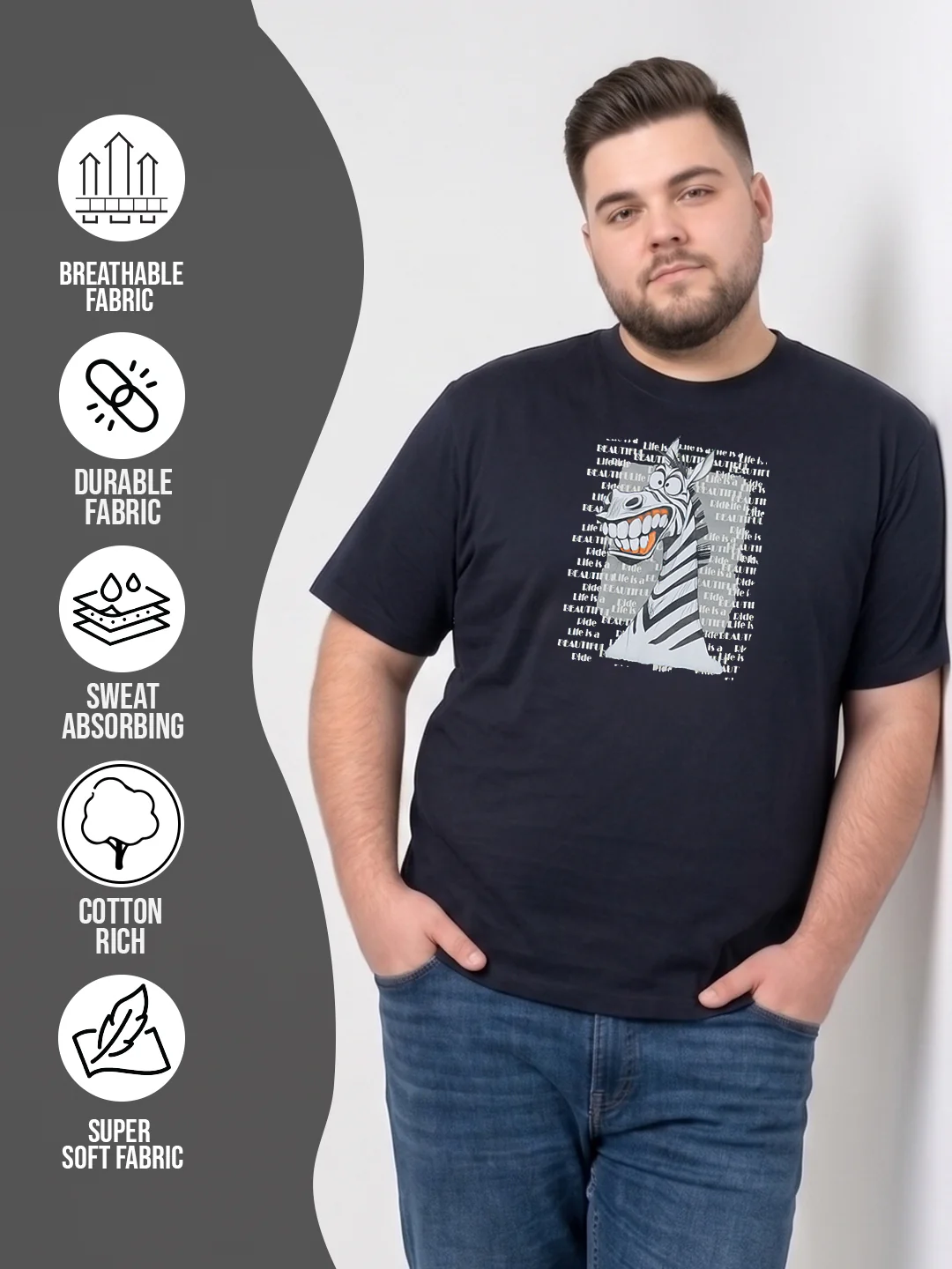 Men Plus Size Wildword Black Printed Round Neck - Image 6