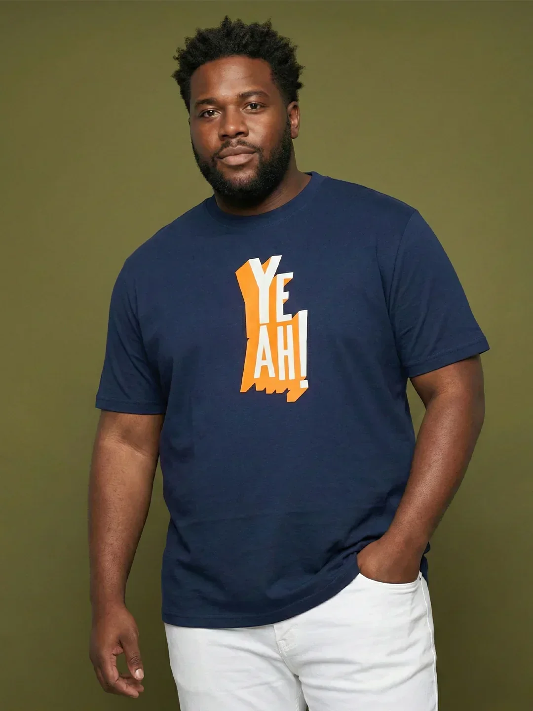Men Plus Size Yaya Navy-Blue Printed Round Neck Tshirt - Image 2