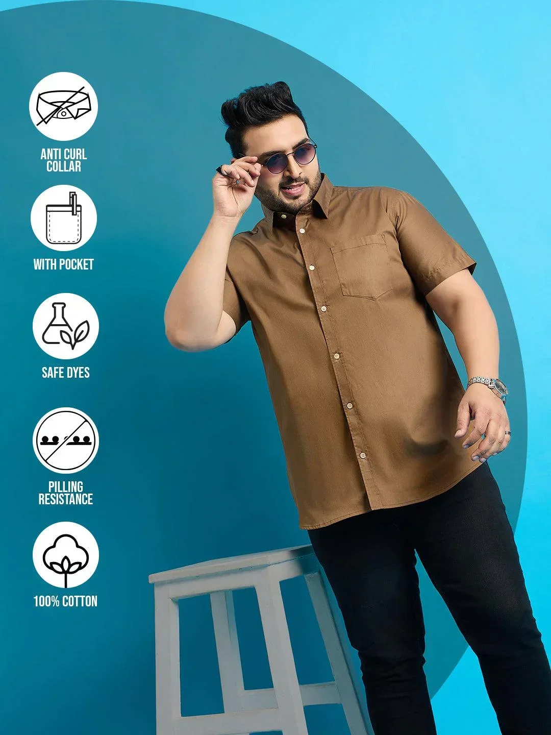 Men Plus Size Zenzo-Khakhi Solid Shirt - Image 2