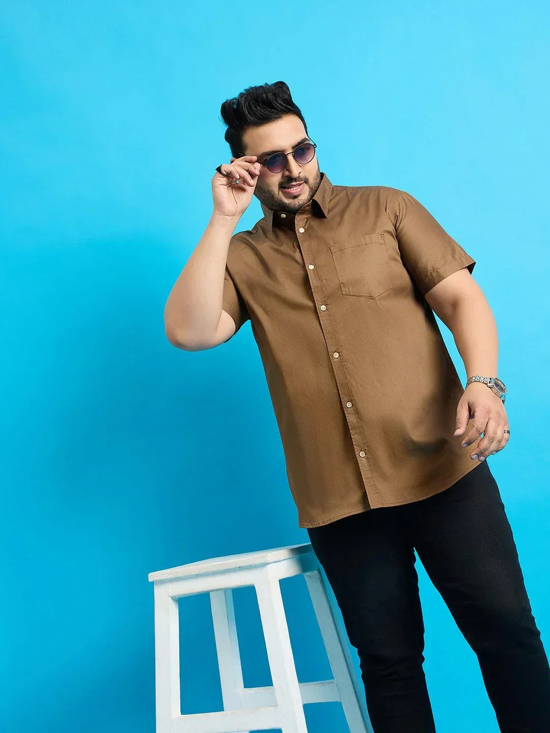Men Plus Size Zenzo-Khakhi Solid Shirt - Image 8